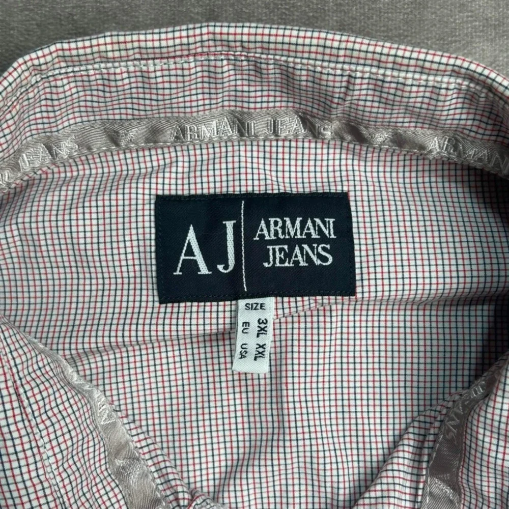 Armani Jeans Mens XXL Red Micro Check Snap Front Western Graphic Shirt flaw*